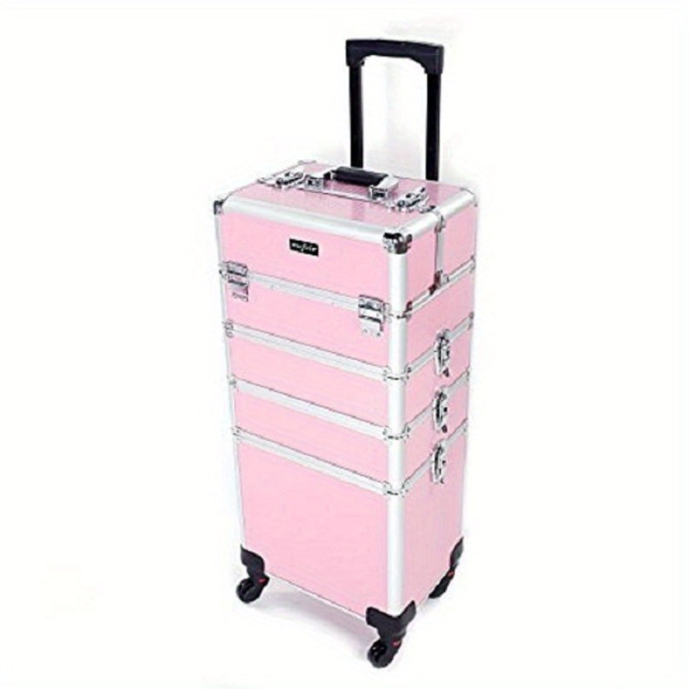 Makeup Train Case Rolling 4-in-1 Aluminum Lockable Trolley with 4 Removable Wheels Collapsible Trays DIY Compartments Telescopic Rod Cosmetic Organizer for Makeup Artists Salon Travel Black Pink Rhinestone