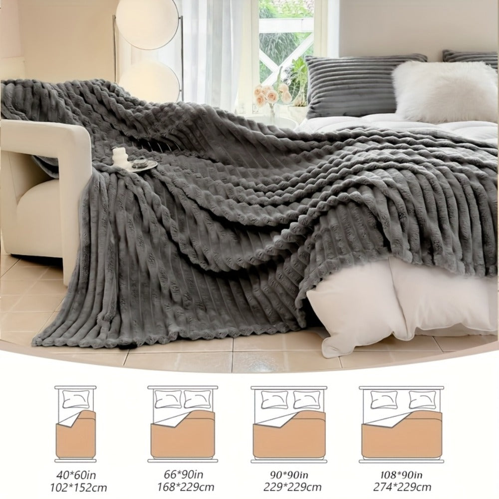 Reversible Faux Rabbit Hair Blanket – Thickened Soft Thermal Throw for Bed, Nap, Office & Camping, All Season, 4 Colors, 5 Sizes