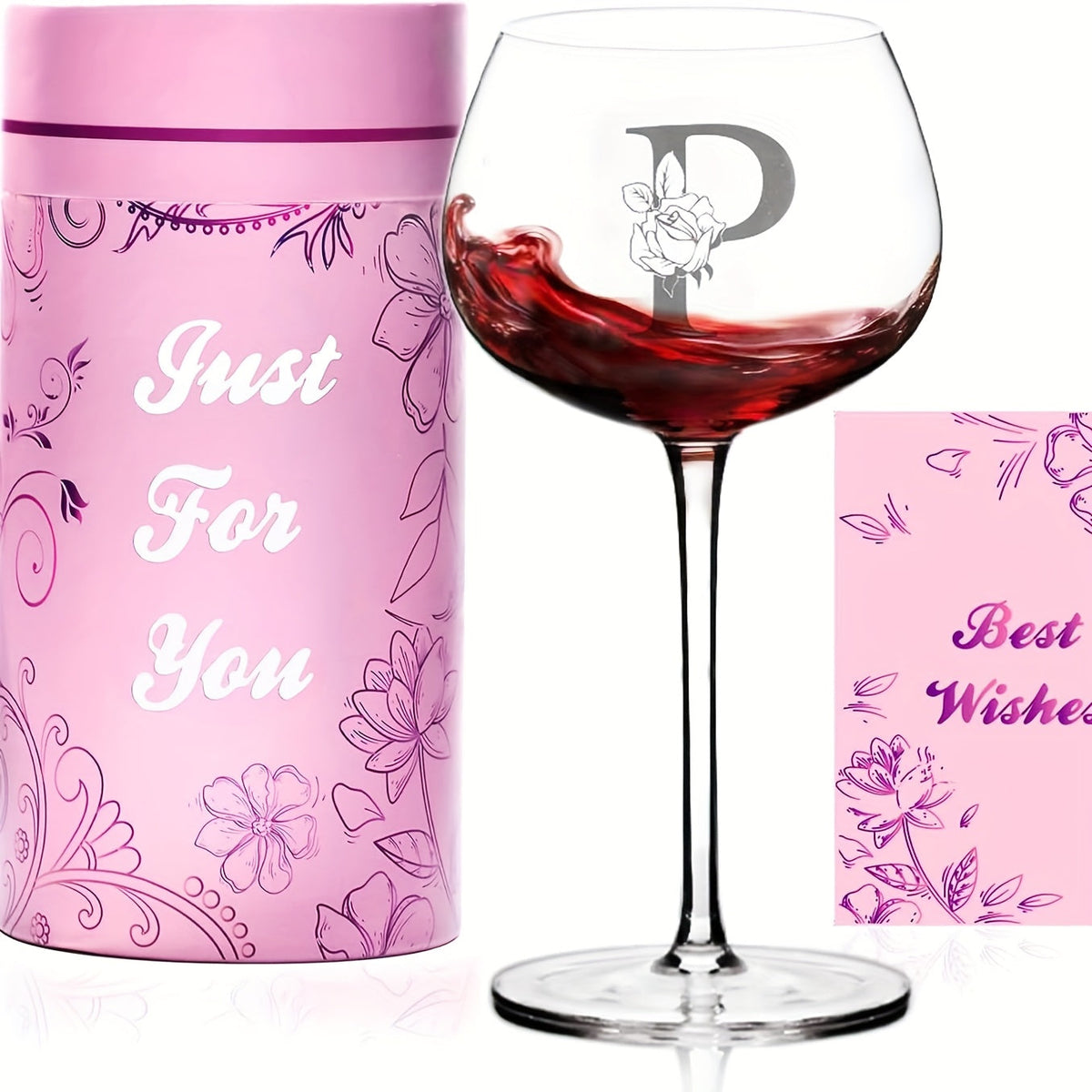 Personalized Wine Glass Gift for Women – A-Z Initial Letter Monogrammed Wine Glass with Gift Box & Greeting Card – Unique Birthday, Christmas & Mother's Day Gift for Mom, Best Friend & Sister
