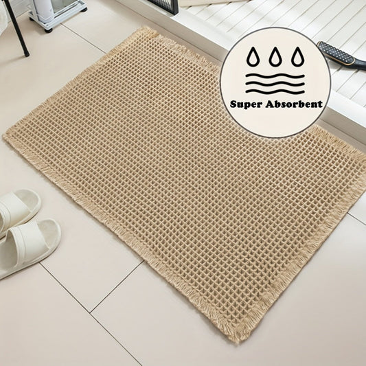 Bath Mat with Tassels, Absorbent Machine-Washable Knit Bathroom Rug