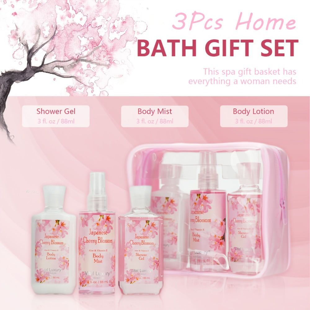 Bath Body Care Gift Set Shower Gel Body Lotion Body Mist Aloe Vera Vitamin E Glycerin Deep Moisturizing Fragrance Set for Women Cherry Blossom Lavender Vanilla Coconut All Skin Types