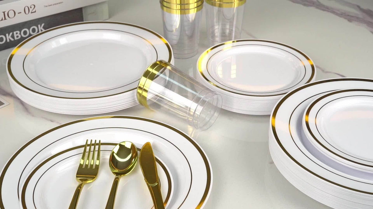 Disposable Party Dinnerware Set 350 700 Pieces Gold Silver Plastic Plates Salad Plates Cutlery Cups Napkins for 50 100 Guests Wedding Birthday Graduation Party