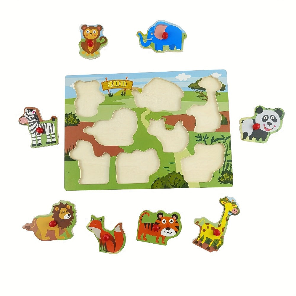 Wooden Peg Puzzles for Toddlers, Set of 4 Knob Puzzles in Farm, Zoo, Christmas & Halloween