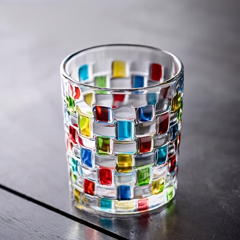 Hand-Painted Drinking Glasses Set – Colorful Square Lattice Woven Handcrafted Glass for Water, Juice, Whiskey & Beer – Artistic Decorative Glassware for Home Bar & Entertaining – 2pc or 4pc