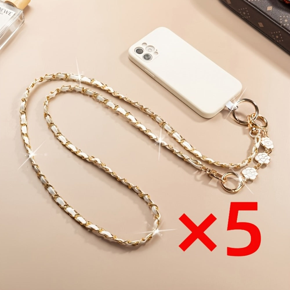 Crossbody Phone Strap Long Chain Pearl Camellia Metal Charm Elegant Lanyard for Women Girls – Clip-On Universal Fit iPhone Samsung Black White 2-5pcs Gift Set