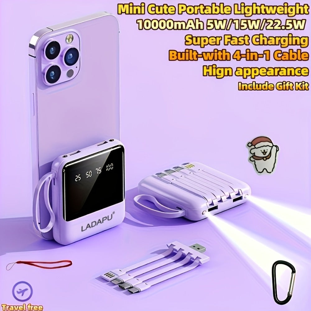 10000mAh Power Bank Built-in 4-in-1 Cable 22.5W Super Fast Charging Slim Mini Portable Charger for iPhone Android Samsung – Compact Travel Battery Pack USB-C Micro Lightning