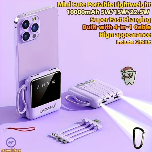 10000mAh Power Bank Built-in 4-in-1 Cable 22.5W Super Fast Charging Slim Mini Portable Charger for iPhone Android Samsung – Compact Travel Battery Pack USB-C Micro Lightning