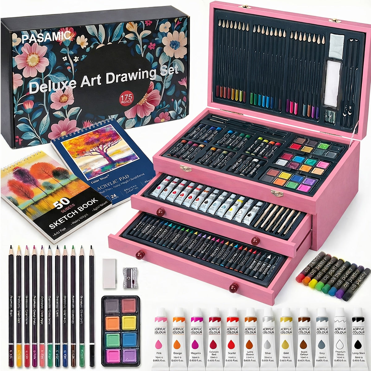 172 Piece Deluxe Art Set in Wooden Case with 2 Drawing Pads Crayons Acrylic Paints Colored Pencils Professional Art Kit Gift Box for Artists Beginners Ages 8+ Birthday Christmas