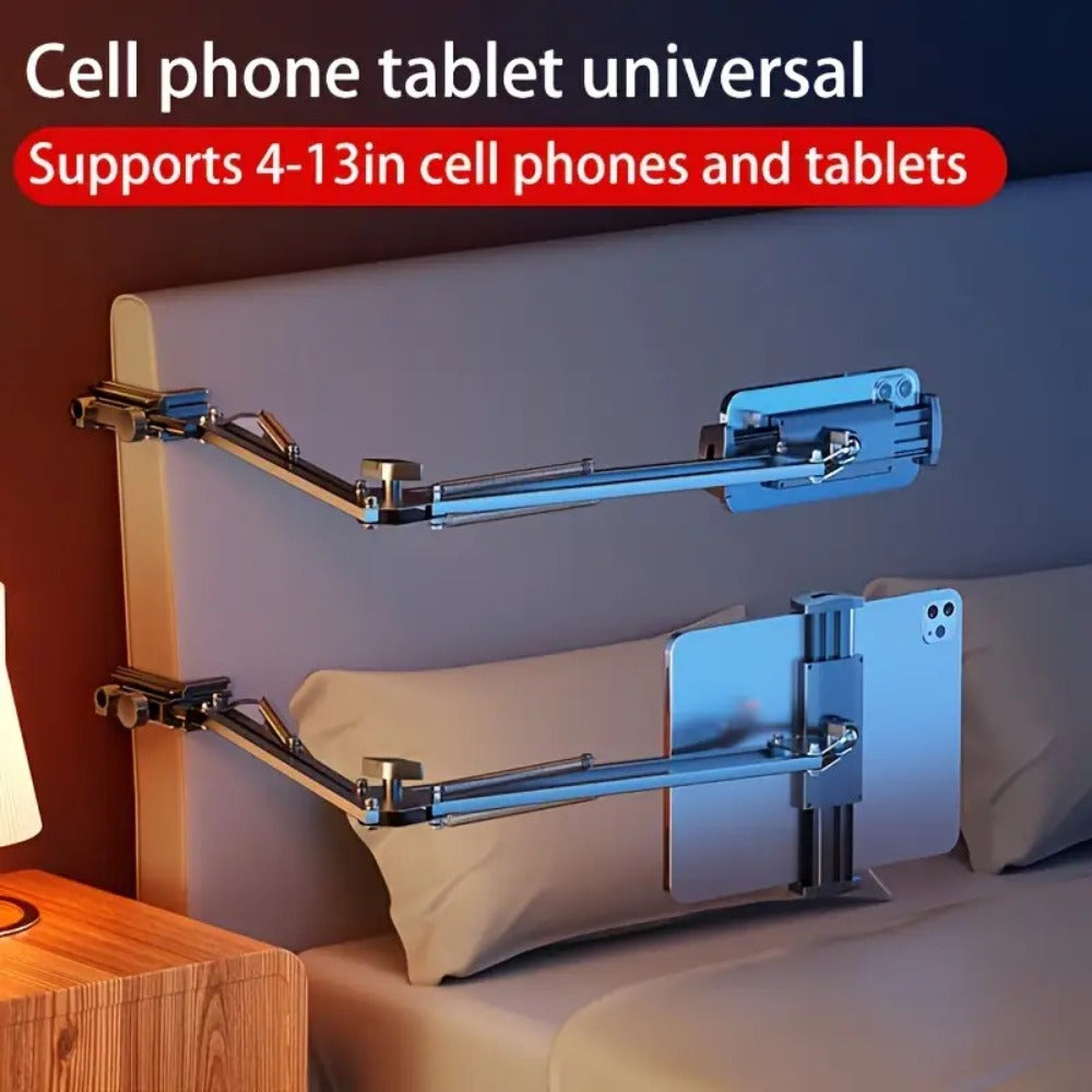 Adjustable Tablet Stand with Long Arm & Rotating Holder – Mechanical Cantilever Clamp Base Desk Mount for iPad, iPhone, Smartphone, Bedside & Office Use, 360° Flexible Phone Cradle