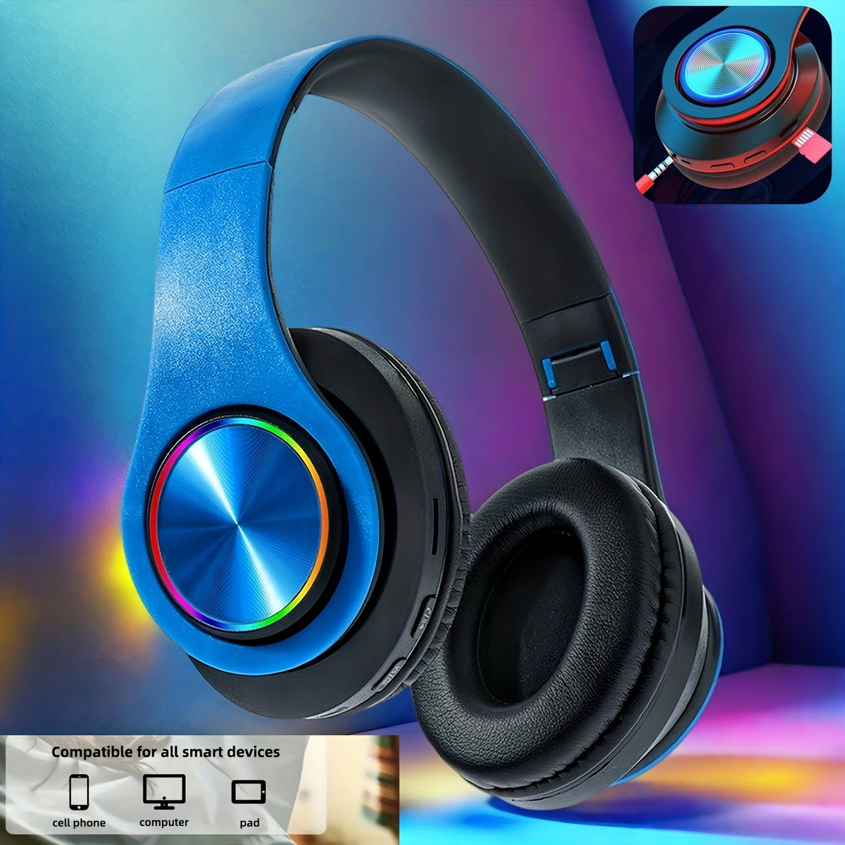 LED Light Over-Ear Wireless Headphones Deep Bass Subwoofer, Active Noise Cancelling Foldable Headset Bluetooth 5.3, Wired & Wireless Dual Mode AUX, USB Rechargeable for Gaming Music Sports