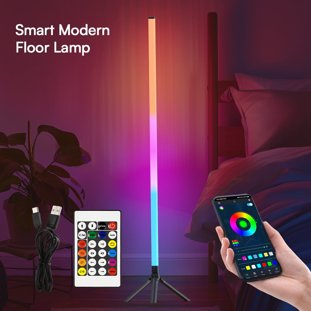 RGB Tube Floor Lamp 360° with Stand – App & 24-Key Remote Music Sync 16 Million Colors Dimmable Timer Mood Light for Bedroom Gaming Room DJ Studio Dance Club Party – 1/2 Pack
