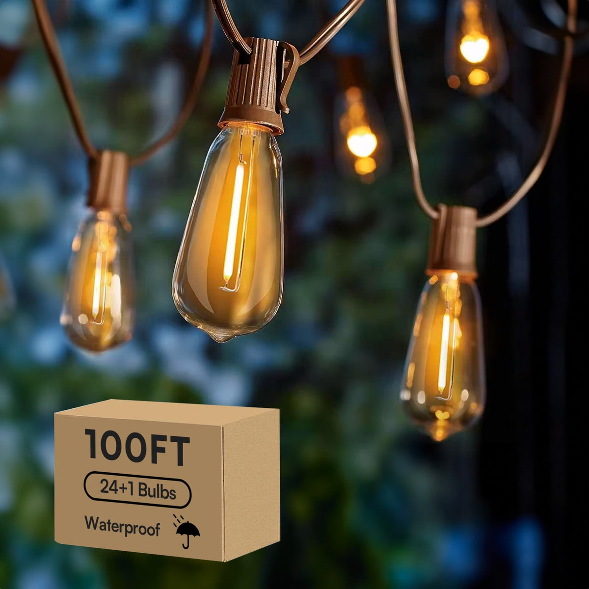 Patio String Lights 100FT ST38 Edison Bulbs Shatterproof – 2700K Warm White Dimmable Connectable Outdoor Hanging Lights with Hooks for Patio Garden Wedding Bistro Party Christmas Decor