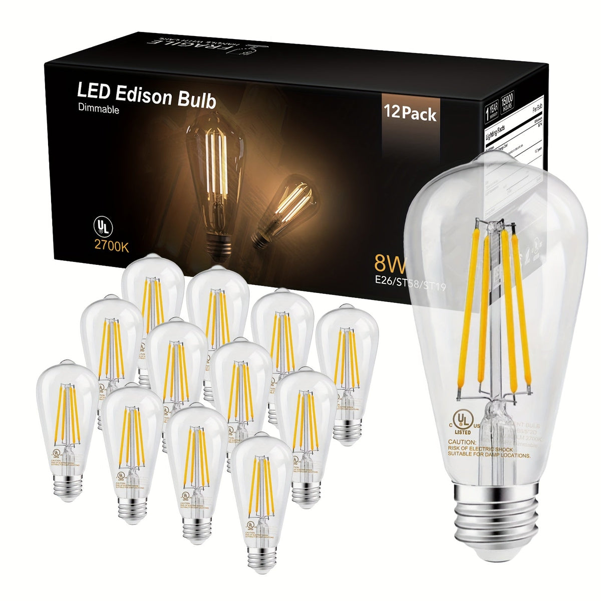 ST58 Vintage Edison LED Filament Bulb 8W 2700K Warm White Dimmable – 60W Equivalent E26 Base Clear Glass Antique Style for Chandelier Pendant Bedroom Living Room Home Commercial, 12 & 24 Pack