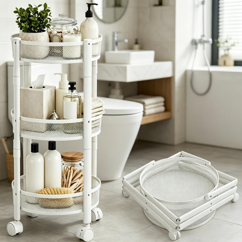 Rolling Storage Cart with Wheels 5-Tier 360° Rotating Kitchen Organizer Basket, No Assembly Space-Saving Floor Standing Bin for Kitchen Pantry Bathroom Bedroom Fruits Vegetables Home Organization