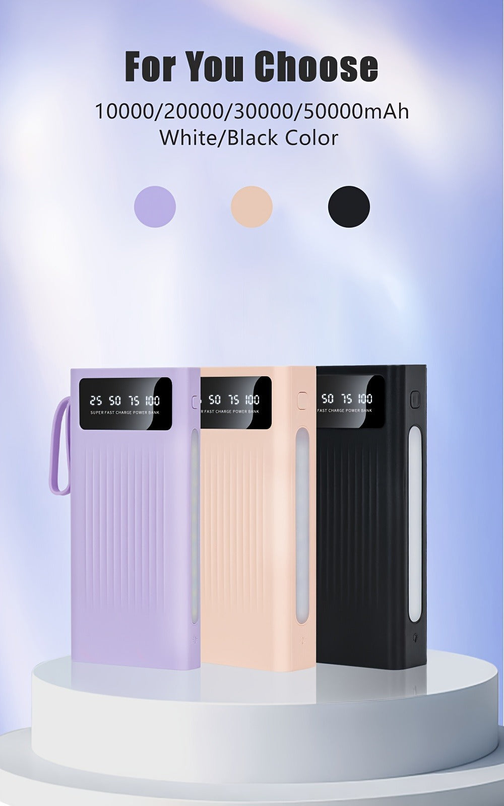 30000mAh Large Capacity Power Bank 15W Fast Charging with 4 Built-In Cables & 4-Mode Camping Light, Business Minimalist Portable Charger 10000mAh 20000mAh Compatible with iPhone Android – Black Purple White