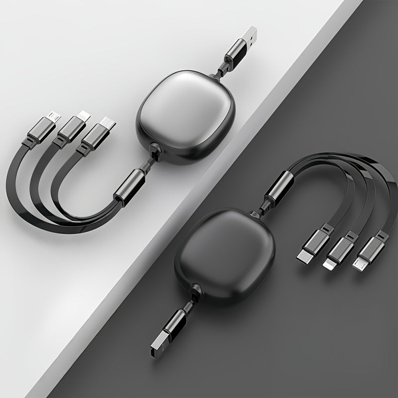 Retractable 3-in-1 Charging Cable 100W Fast Charge – USB-C Micro USB Lightning Multi Connector 1.2m 480Mbps Data Sync for iPhone 15 14 13 12 11 Samsung Galaxy Android – Tangle-Free Travel Cable 6 Colors