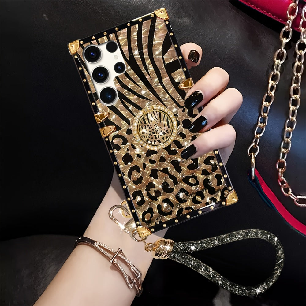 Leopard Print Samsung Galaxy Case Ring Holder Kickstand Anti-Drop Rectangular Cover for Galaxy S25 Ultra Plus S24 Ultra Plus FE S23 Ultra S22 Ultra S21 Ultra A56 A55 A54 A36 A35 A16 A15 A14 – Fashion Girly