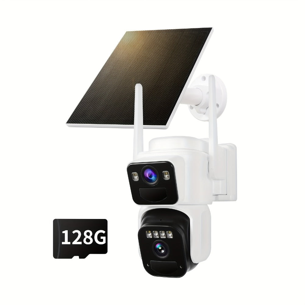Dual Lens Solar Security Camera Outdoor Wireless WiFi Battery Powered with Color Night Vision, PIR Motion Detection, Two-Way Audio, Spotlight Alarm & 256GB TF Card Support – Wire-Free CCTV Surveillance