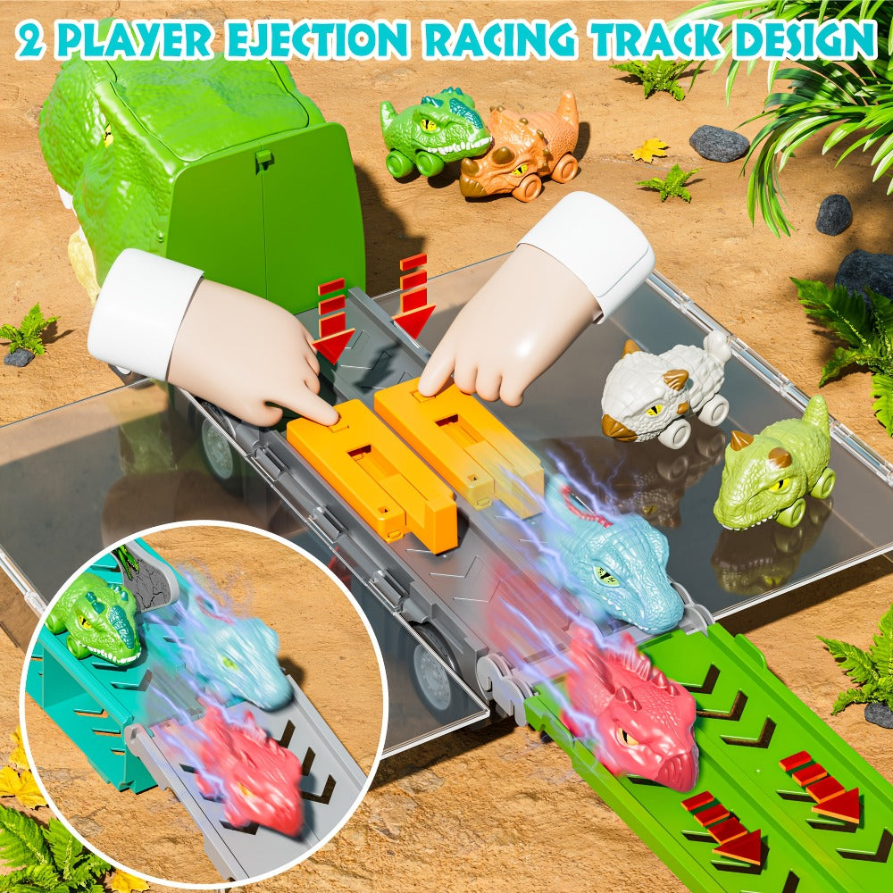 Dinosaur Truck Toy Carrier with 63-Inch Foldable Race Track, 13-in-1 Set with 12 Cars & 2-Player Racing