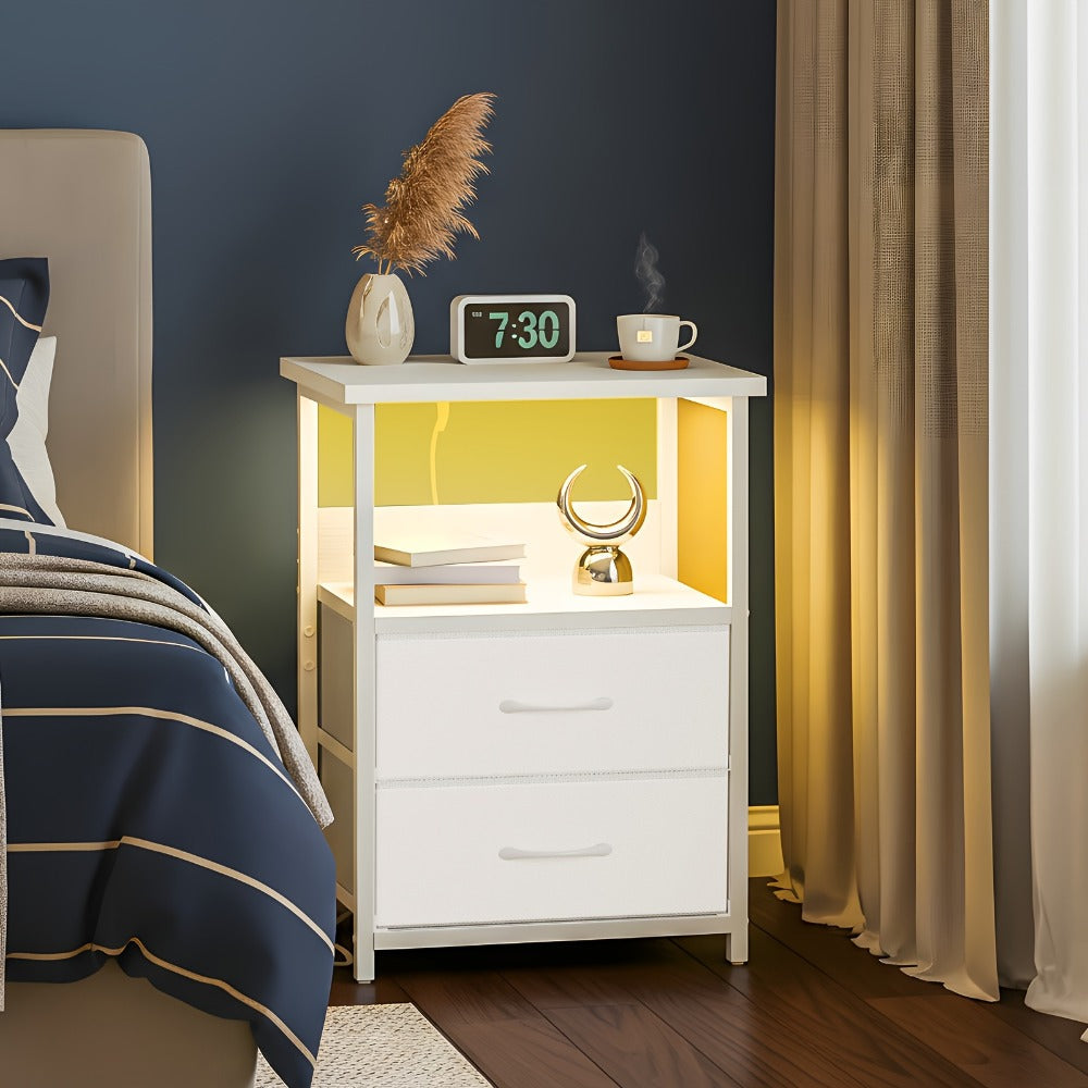 Nightstand with Charging Station & LED Light – USB Ports Outlets Fabric Drawers | PU or Clear Acrylic Desktop | 1pc or 2pcs Matching Set | Smart Bedside Table for Bedroom Dorm Student Room Black White