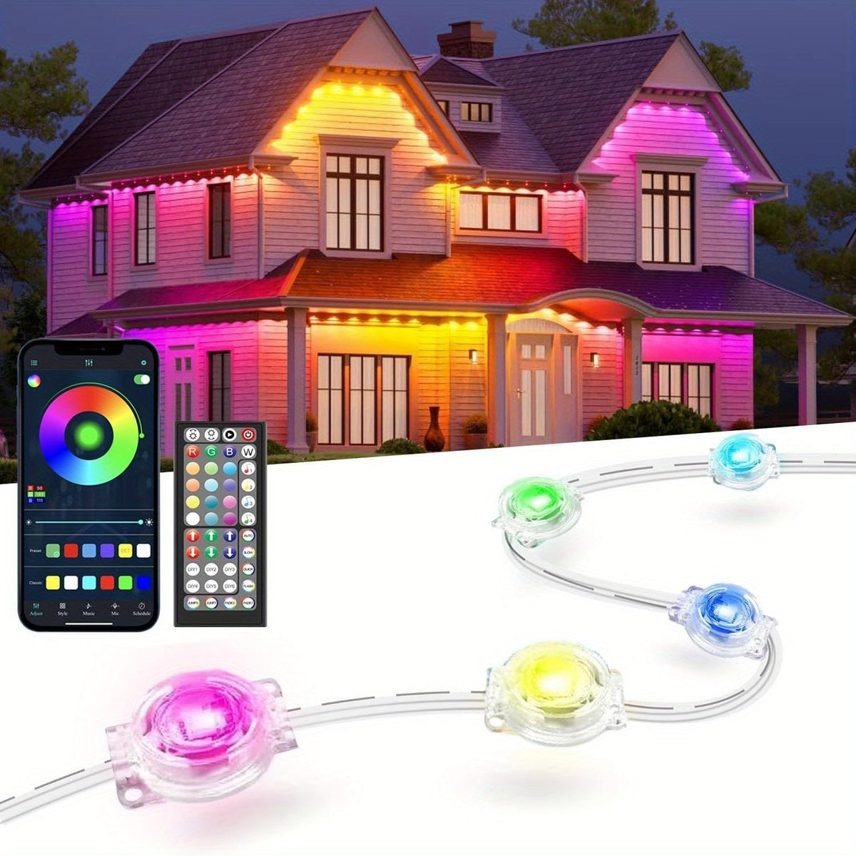 Permanent Eave Lights RGB Outdoor 200FT - Music Sync, Scene Modes, App Controlled Under Eave LED Lighting for House Exterior, Roofline, Garden, Holiday & Party Decor (60FT / 100FT / 150FT / 200FT)