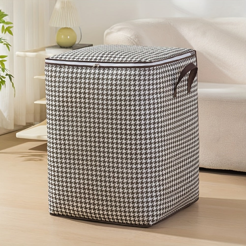 Large Storage Bags Houndstooth Non-Woven Fabric Organizer with Double Zipper & Handles – 160L/180L Dustproof Foldable Storage Box for Bedroom, Closet, Moving, Travel & Dorm, 1pc or 3pcs Set