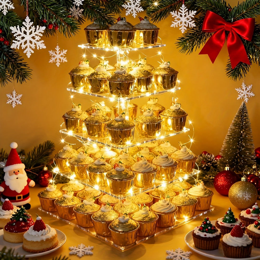 5-Tier Acrylic Cupcake Stand with LED String Lights – Square Dessert Display Tower for 60 Cupcakes Birthday Wedding Baby Shower Tea Party Elegant Transparent Cake Display Rack Easy to Assemble