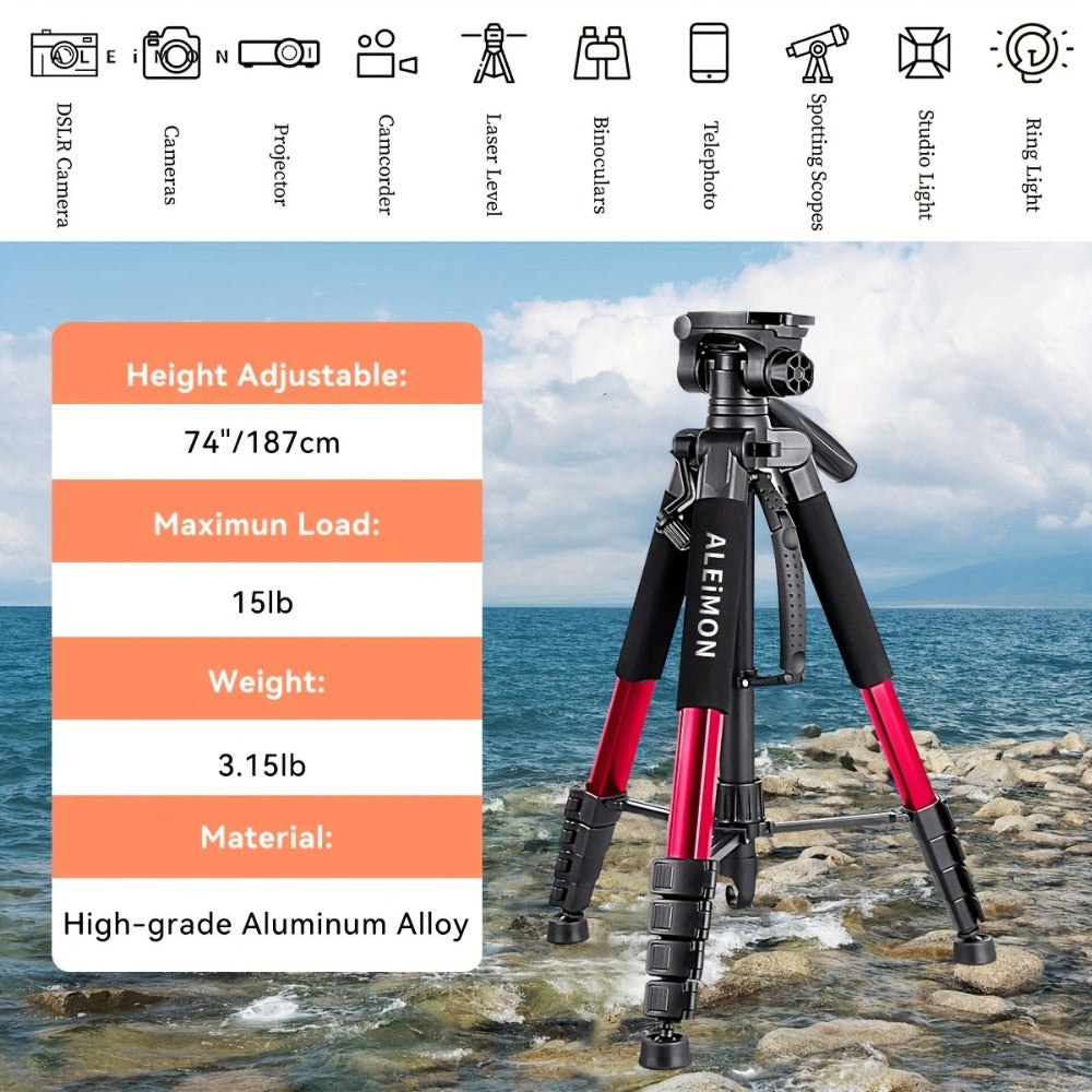 Heavy Duty Aluminum Tripod 74 Inch Red 3-Section, ALEiMON 188cm 14lb Capacity Adjustable Camera Stand with Tote Bag for DSLR, Mirrorless, Smartphone, Projector & Outdoor Photography