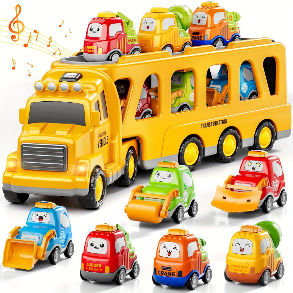 Car Carrier Truck Toy with 6 Cars, 16.9" Transport Construction Truck with Lights & Sounds