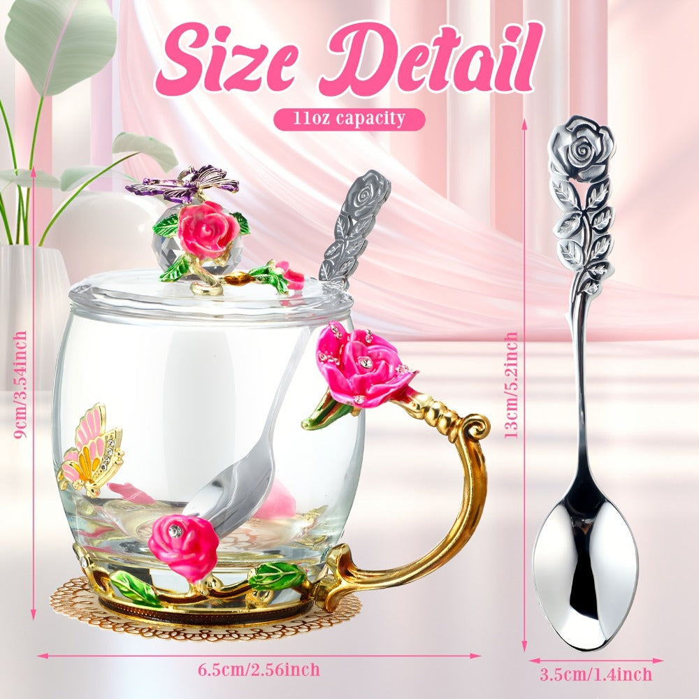 Flower Glass Tea Cups with Lids and Spoon Set of 4 – Butterfly Floral Vintage Clear Glass Mugs 11oz, Fancy Teacup Gift Set for Women Mom Wife Girlfriend, Pink Purple Blue Red