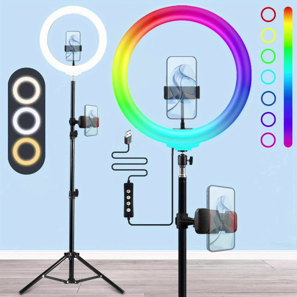 RGB Ring Light 12 Inch Dimmable with 63 Inch Adjustable Tripod USB Powered Phone Stand Gimbal Clamp for Makeup Live Streaming Selfie Photography TikTok YouTube Portable