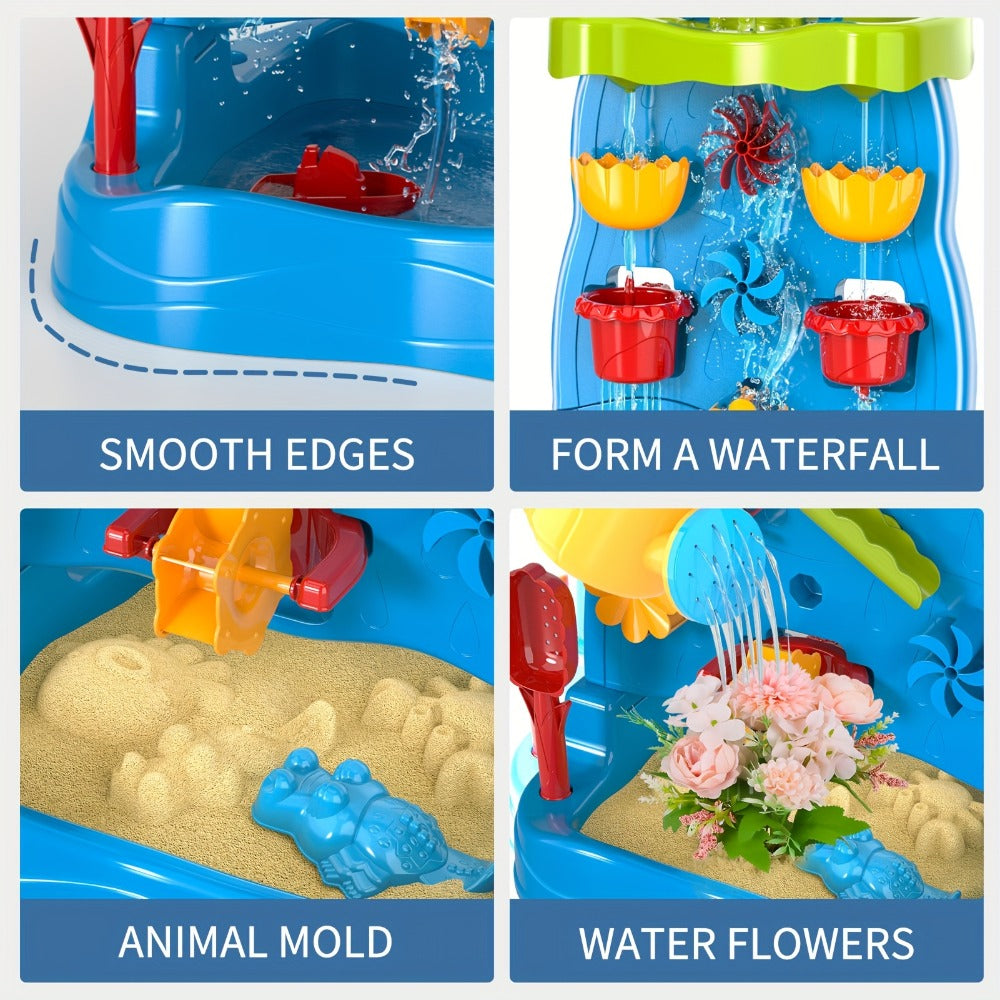 Kids Water and Sand Play Table with Double-Sided Waterfall and Beach Zone