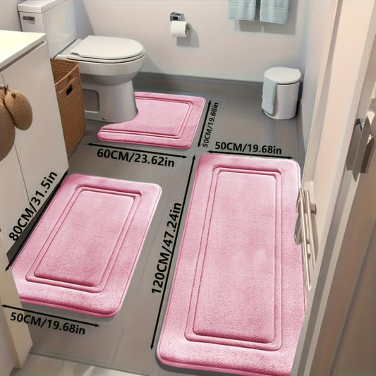 Bath Mat Set, 3-Piece Absorbent Polyester Bathroom Rugs with Sponge Cushioning