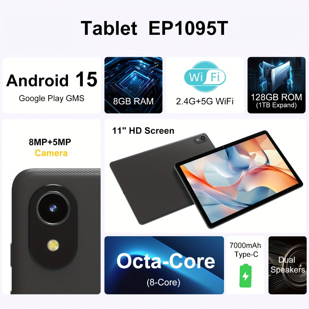 Android 16 Tablet 10.1 Inch Octa-Core 7000mAh Battery 1280x800 IPS Display 8GB RAM 128GB ROM Dual Camera 8MP 5MP Type-C Split Screen Wi-Fi Tablet PC Grey for Work School Entertainment