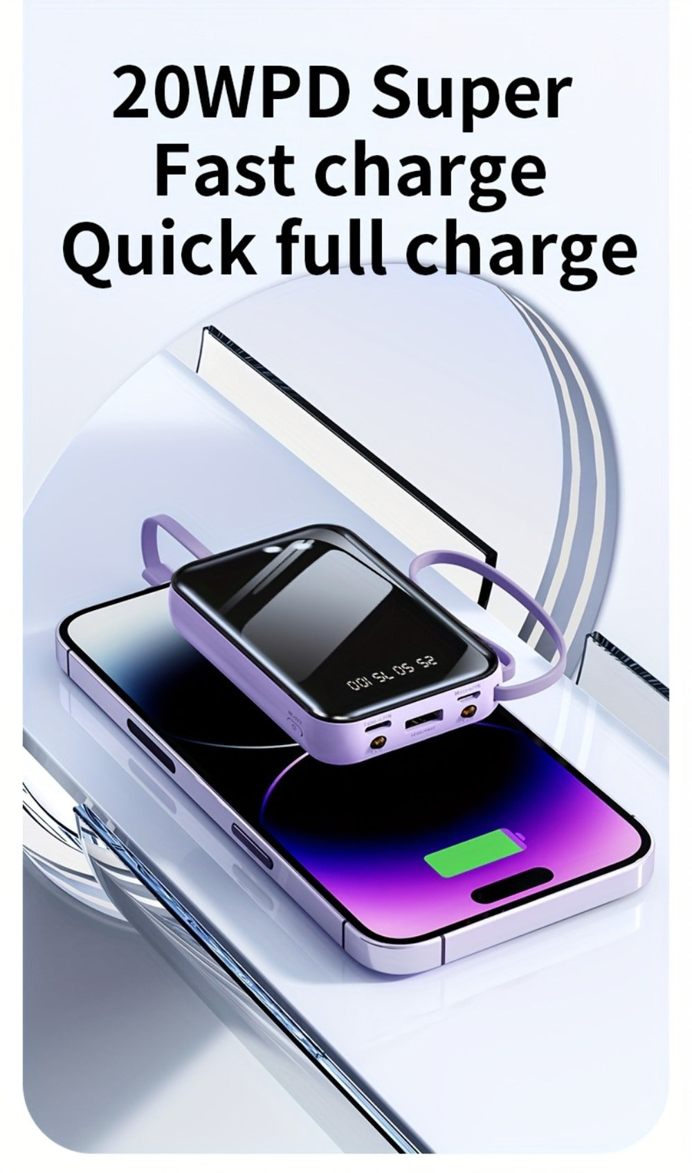 Built-in Cables Flashlight 50000mAh Power Bank Portable Charger, Fast Charging LED Display Emergency Battery Pack for iPhone Android Outdoor Travel Camping Hiking – Black Purple Available