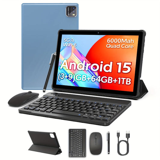 Android 15 Tablet 10.1 Inch WiFi 6 Quad-Core 12GB RAM 64GB ROM 1TB Expandable 6000mAh Battery 1280x800 IPS Display Dual Camera 8MP 2MP Optional Keyboard Case Mouse Stylus
