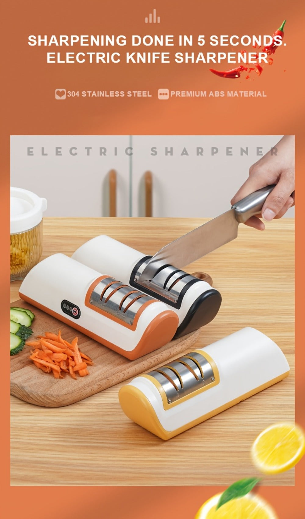 Electric Knife Sharpener 2-Stage – Automatic Professional Kitchen Knife Sharpener with Built-In Guides & Sanding Wheel for All Knives, Santoku, Fillet, Chef & Hunting Blades