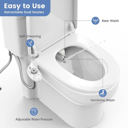 Non-Electric Cold Water Bidet Attachment with Dual Nozzles and Adjustable Pressure