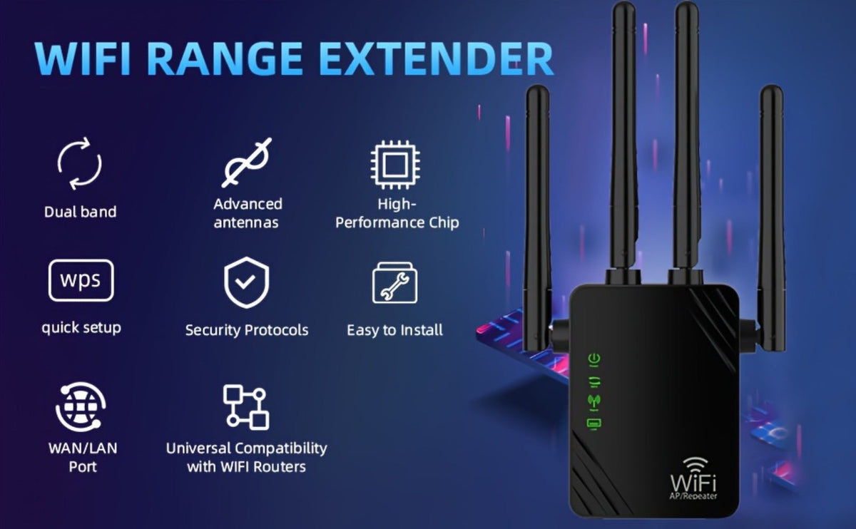 10000 Sq Ft WiFi Extender 1200Mbps 4-Mode - Dual Band 2.4GHz & 5GHz, 4 Antennas 360° Coverage, 6X Signal Boost, Penetrates Walls, 35 Devices, Repeater Access Point Router WISP, 1-Tap Setup, Black