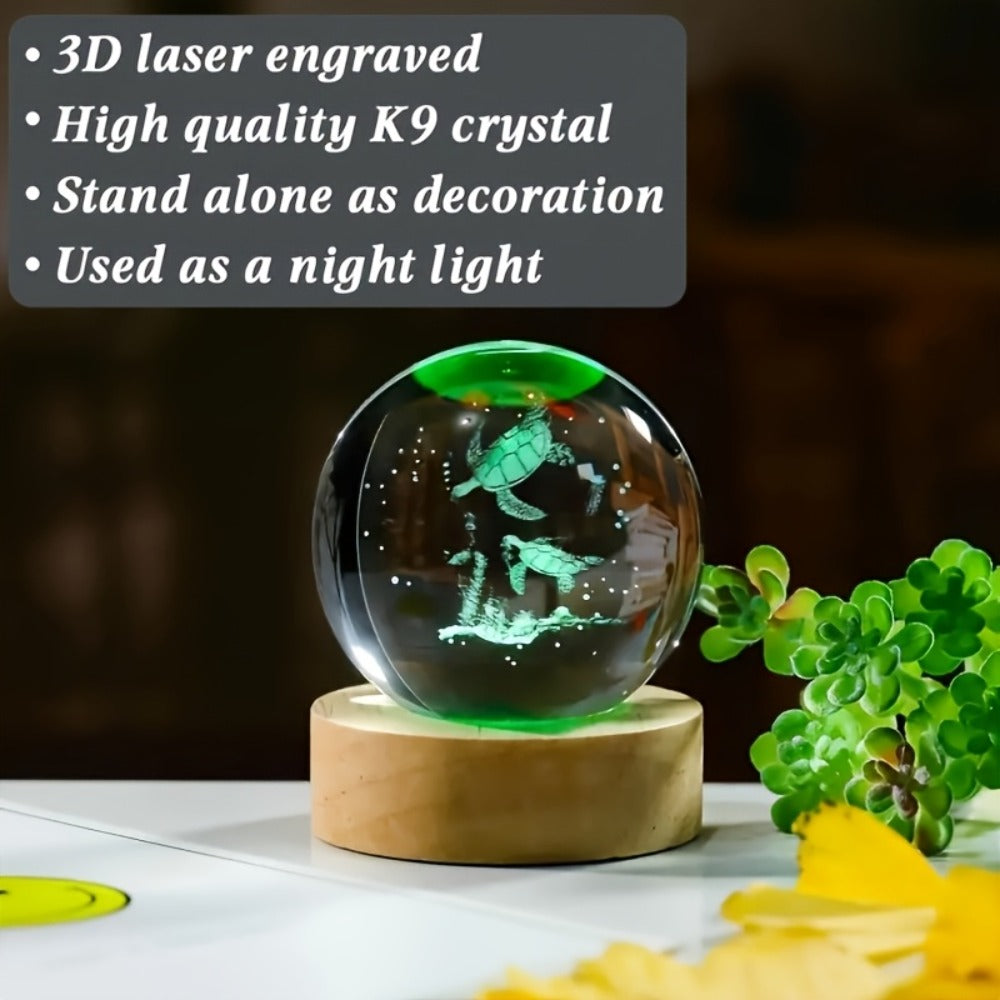 3D Sea Turtle Crystal Ball Night Light – LED Color Glow Glass Orb Lamp with Bamboo Base, Ocean Animal Figurine Desk Light for Home Bedroom Decor, Unique Gift for Turtle Lovers, Elders & Friends (2.36in)