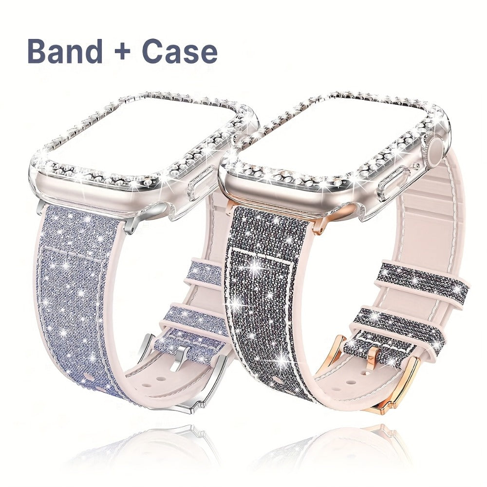 Apple Watch Band with Case Crystal Rhinestone Bling, Chameleon Color-Shift Strap + Shockproof Hard PC Cover, Compatible with Apple Watch Series 1-9 SE Ultra 38mm to 49mm S10 – Rose Gold Black Silver Women