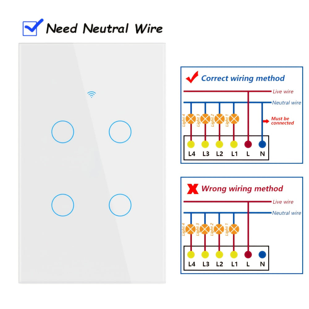 White Glass WiFi Bluetooth Touch Screen Smart Switch 1/2/3/4 Gang – Scratch-Resistant, Works with Alexa & Google Home, Tuya App, Smart Scenes, Timer, Share Function, 600W/Gang, Neutral Required