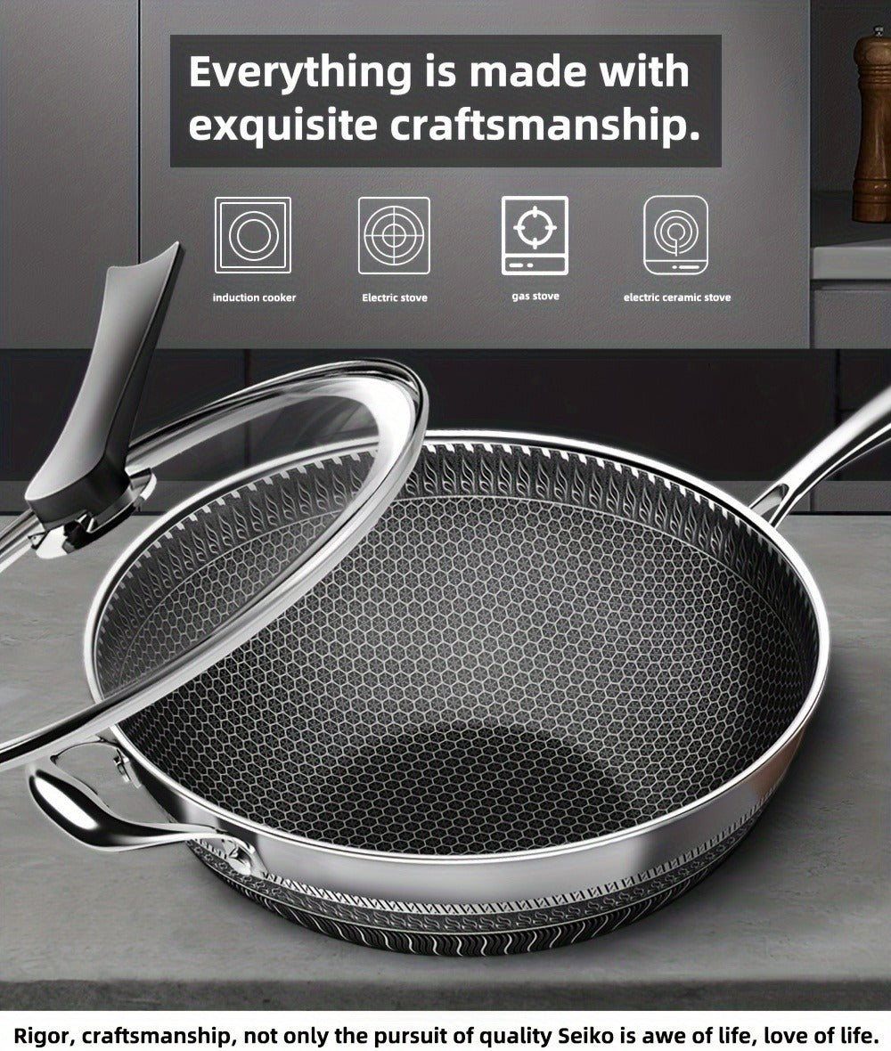 Stainless Steel Wok 13.3 Inch Honeycomb Non-Stick with Lid Spatula & Pot Brush – All Cooktop Compatible Stir Fry Pan | Induction Gas Electric Ceramic | Complete Kitchen Wok Set Cooking Accessories