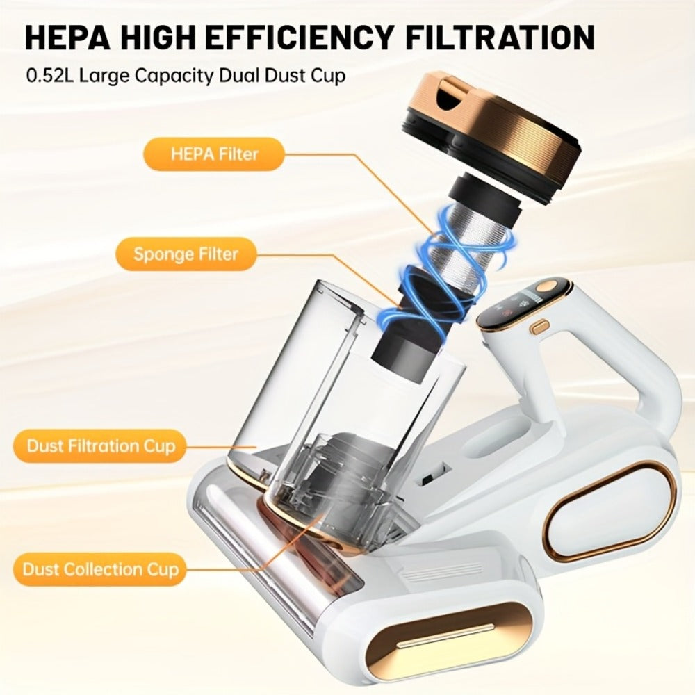 Mattress Vacuum Cleaner Handheld Bed Cleaner – 16KPa Strong Suction with UVC Light & Hot Air Heating, Deep Clean for Pillows, Sofa, Crib & Pet Hair, Double Cup Design, White or Purple