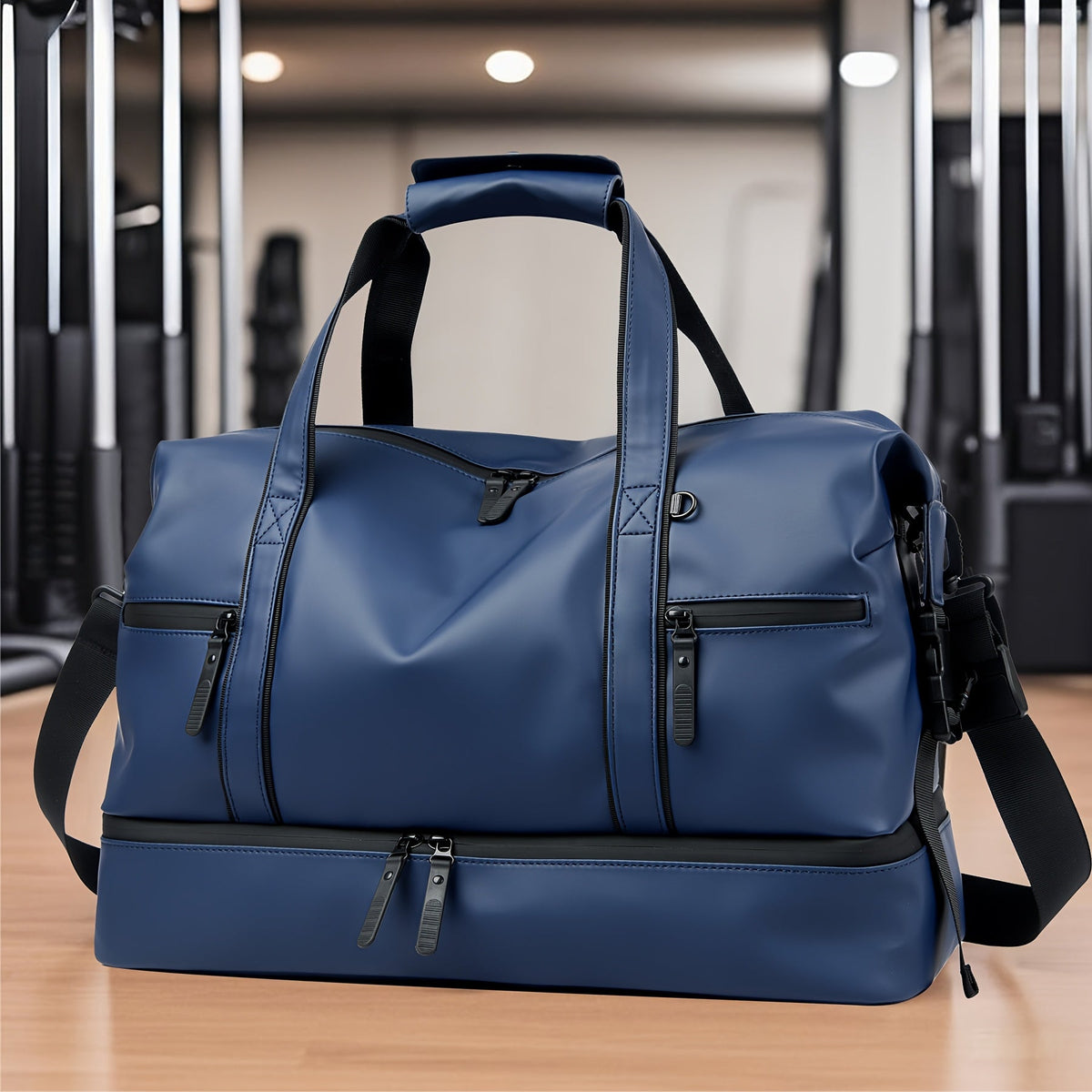 Gym Duffel Bag with Wet Pocket & Shoe Compartment - Foldable PU Leather Sports Travel Bag for Workouts, Weekend Trips & Everyday Use, Lightweight Carry-On Luggage Bag for Men Women (Black/Blue/Grey)