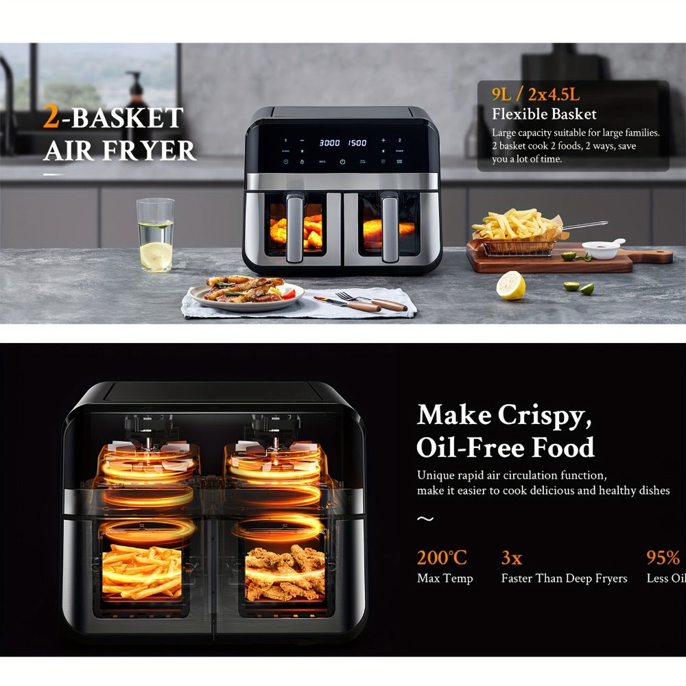 Dual Basket Air Fryer 9.5Qt – 2x4.75Qt Independent Zones, Smart Finish Match Cook, 2400W, 8 Presets, Air Fry Roast Bake Grill, Energy Saving Family-Size Double Basket Air Fryer