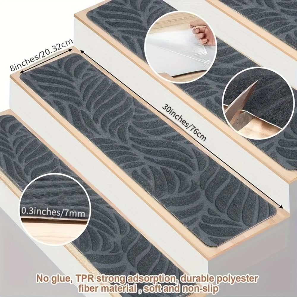 Non-Slip Stair Treads 15pcs 8"x30" Self-Adhesive Carpet Pads for Wooden Steps – Washable Polyester Indoor Stair Mats for Safety, Anti-Slip Step Covers in Multiple Colors