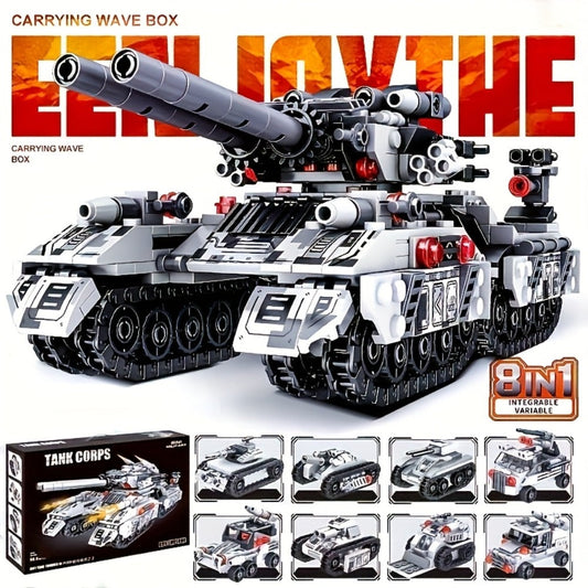 8-in-1 Snow Tank Building Block Set, 1628 Pieces, 9 Military Models