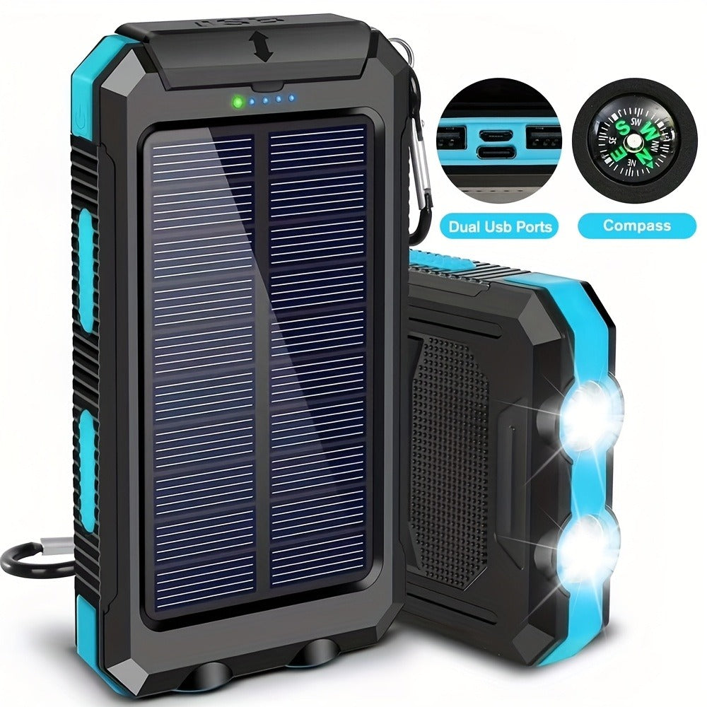 29800mAh Solar Power Bank with Compass & Dual LED Flashlight – Outdoor Camping Portable Charger, Dual USB 5V Output, SOS Emergency Battery Pack for Cell Phones & Mobile Devices, Black/Orange