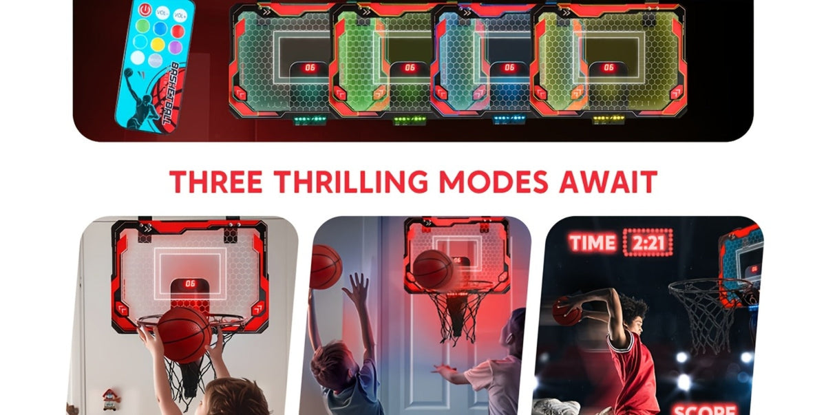 Over-the-Door Indoor Basketball Hoop with Light-Up Scoreboard, Red